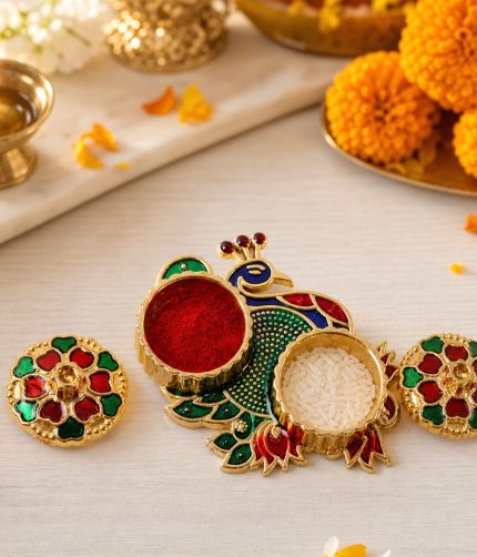 Peacock Kumkum Dani Kankavati – Elegant Pooja & Ritual Holder