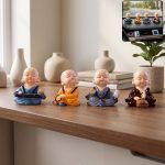 Little Monk Buddha Statue Set for Car Dashboard, Office Desk and Home Decor (4 Pc)
