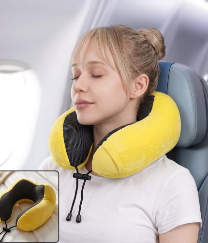 U Shaped Soft Neck Pillow Yellow Plush Travel Pillow with Drawstring (1 Pc)