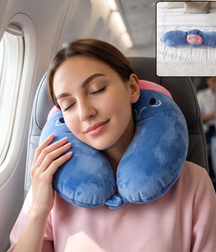 U Shaped Neck Pillow Blue Cute Character Travel Pillow Soft Support (1 Pc)