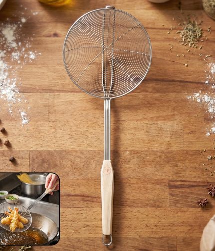 Stainless Steel Frying Skimmer – Long Handle for Safe Cooking