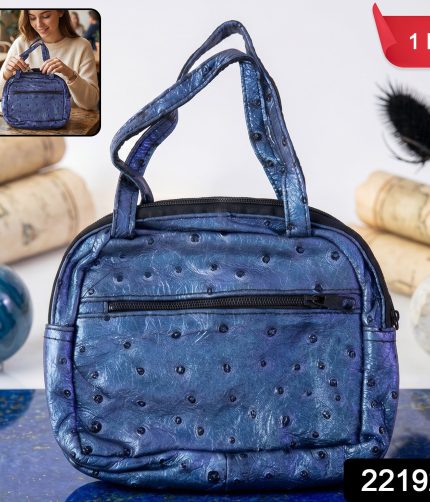 Mini Zipper Handbag – Metallic Blue Ostrich Pattern for Women